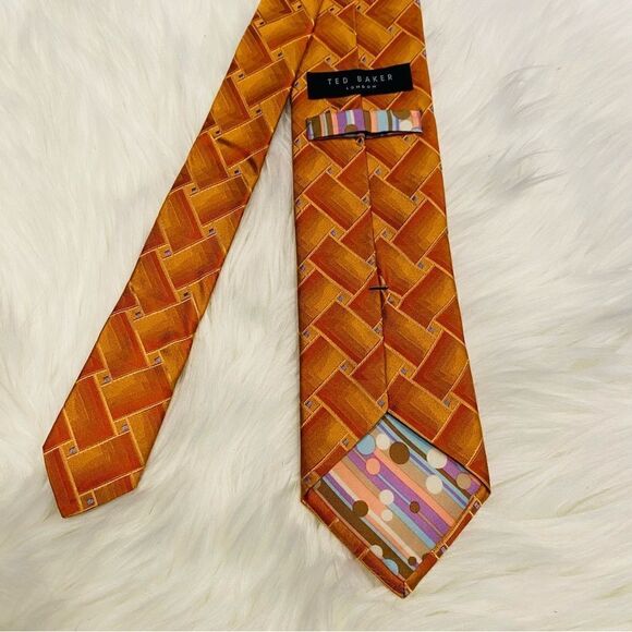 Ted Baker Hand Crafted Orange Geometric Silk Neck Tie - Picture 4 of 6